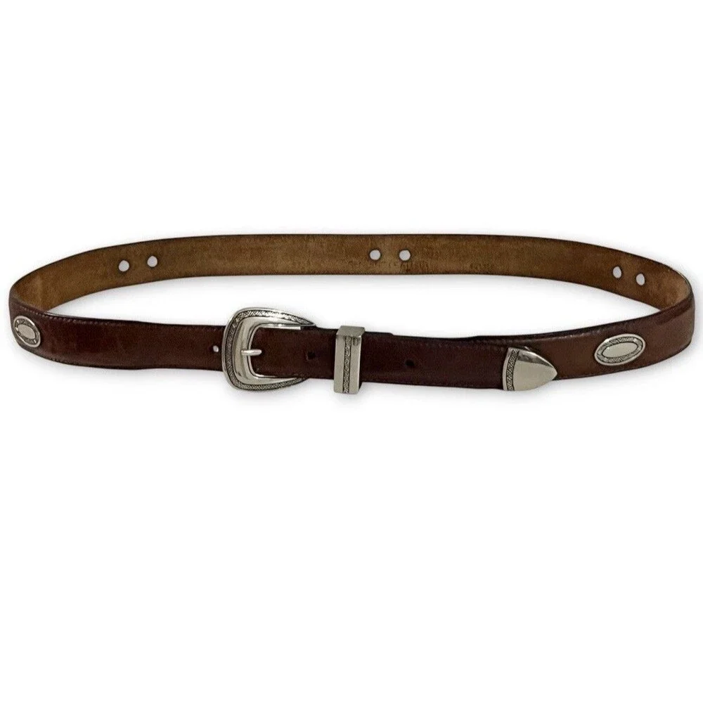 Vintage Western Concho Belt Genuine Brown Leather Silver Buckle Men’s 40
